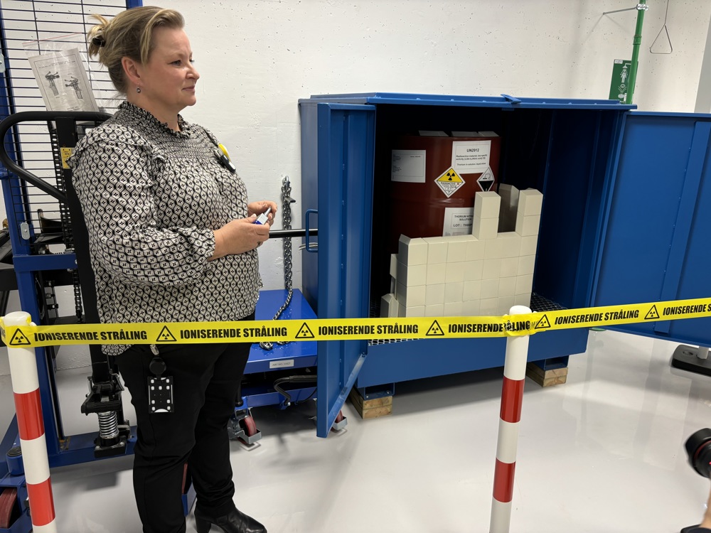 woman standing in front of blue cabinet with doors open.