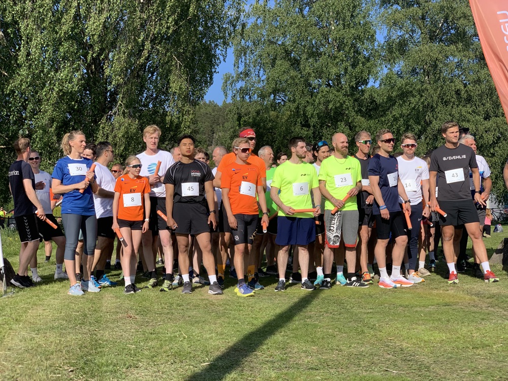 en stor gruppe mennesker står på startstreken, klar for stafett, shorts og t-skjorte, sol, grønt gress, store grønne furutrær bak, kvinner og menn